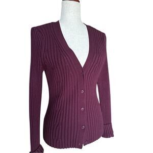 Paige Shirin Ribbed Button-Down Cardigan in Aubergine – Size L